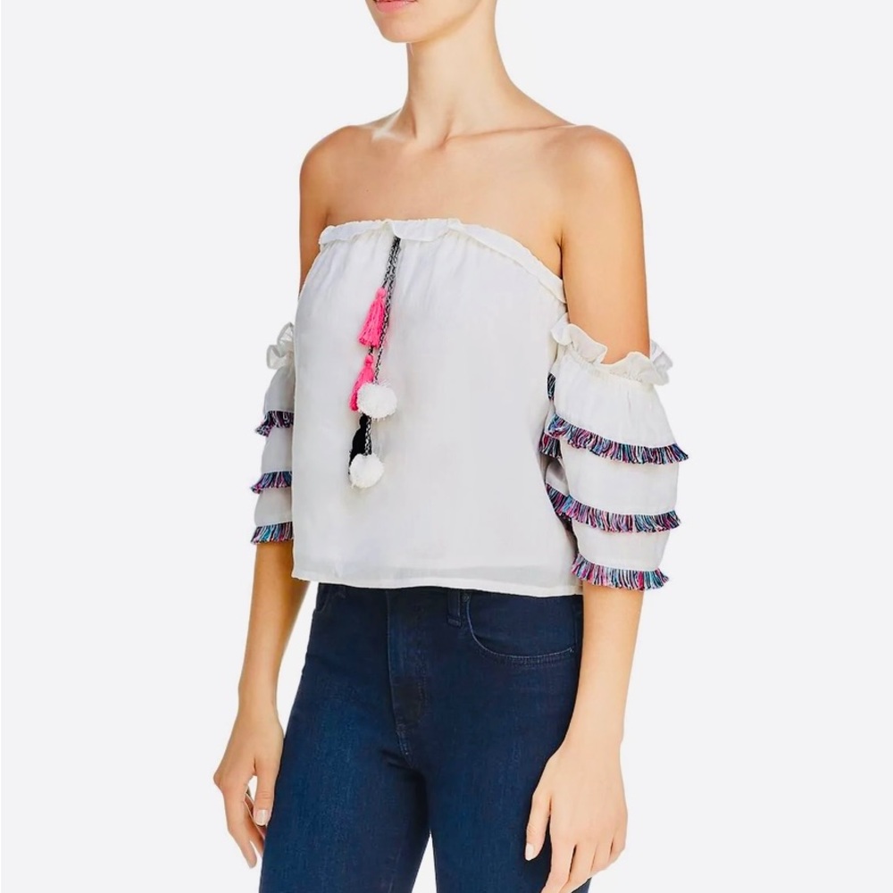 NWT Red Carter pom pom embroidered tiered white peasant top